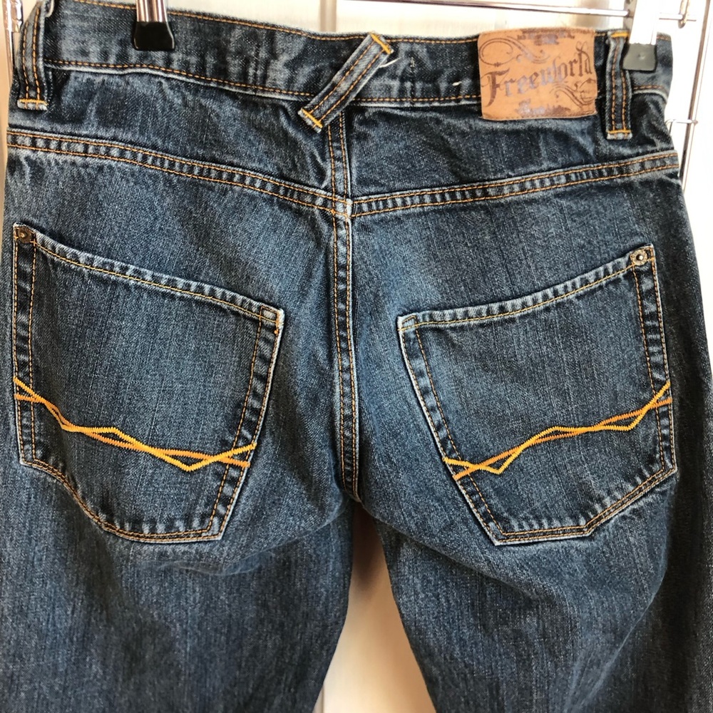 Women’s Freeworld Straight Leg Denim Jeans in Dark Blue with Yellow Stitching